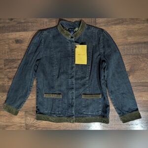 QVC Denim & Co Women's Medium Wash Rigid Jean Jacket Green Accents Size Med NWT